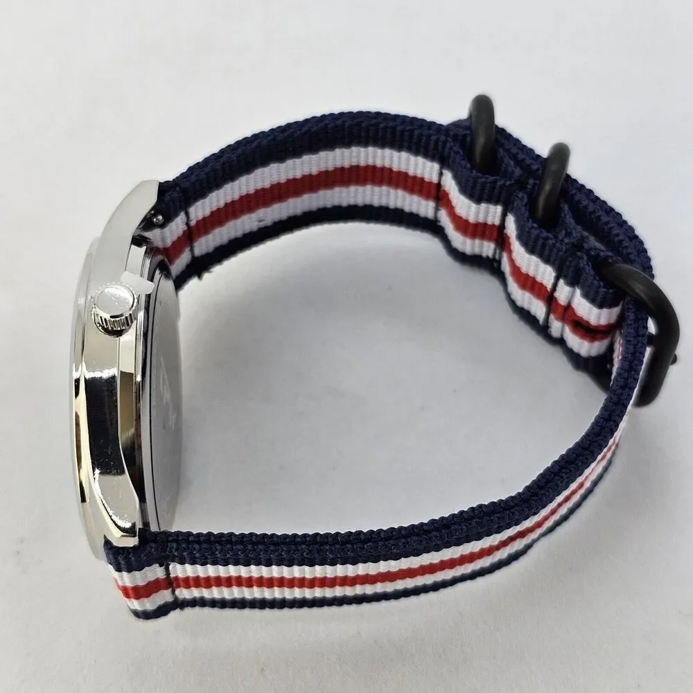 Men's Field Military Watch 42MM Black Dial Blue White Red Canvas Band Straps‎